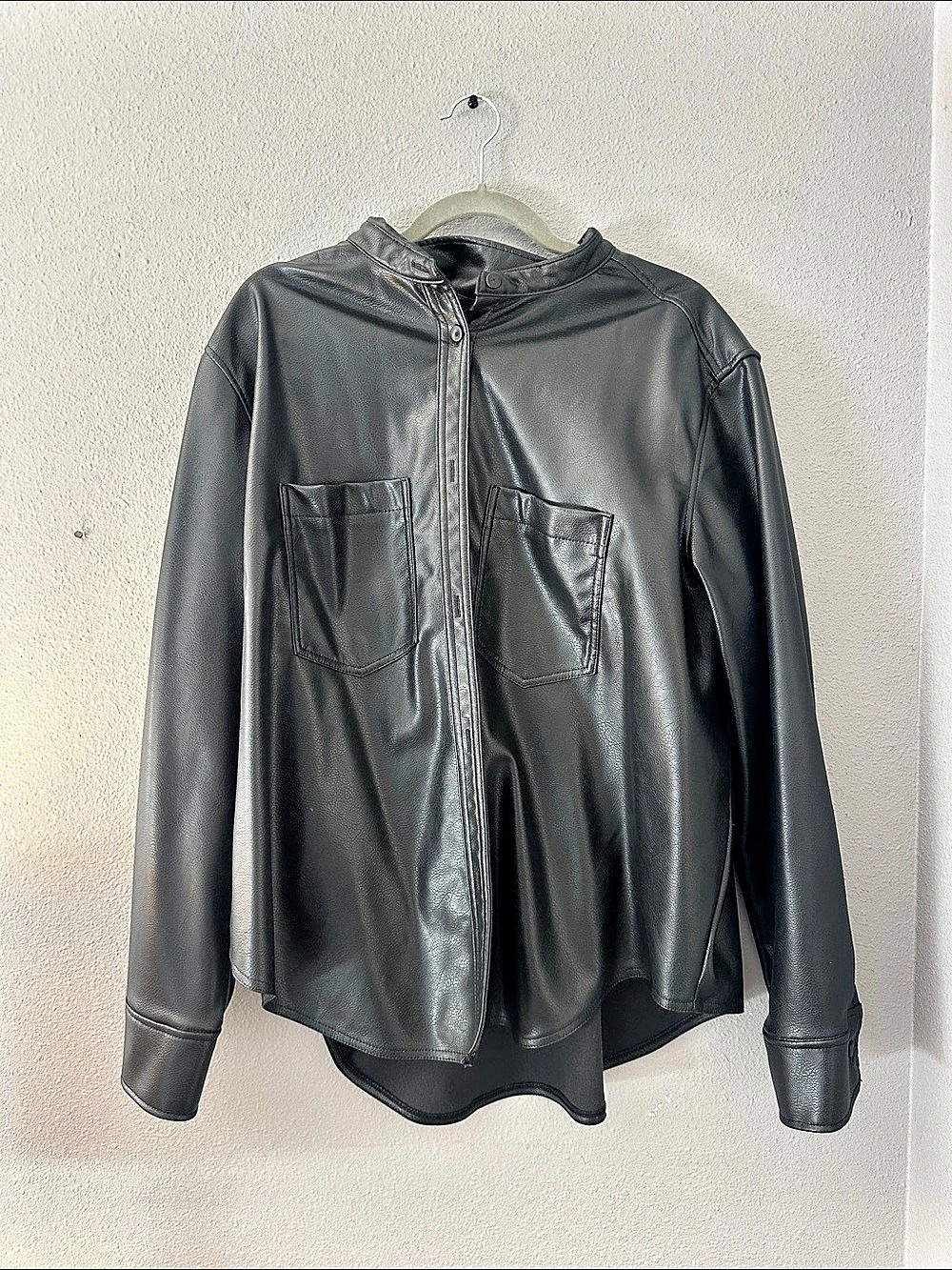 H&M Imitation Leather Shirt Jacket in Black Size Small